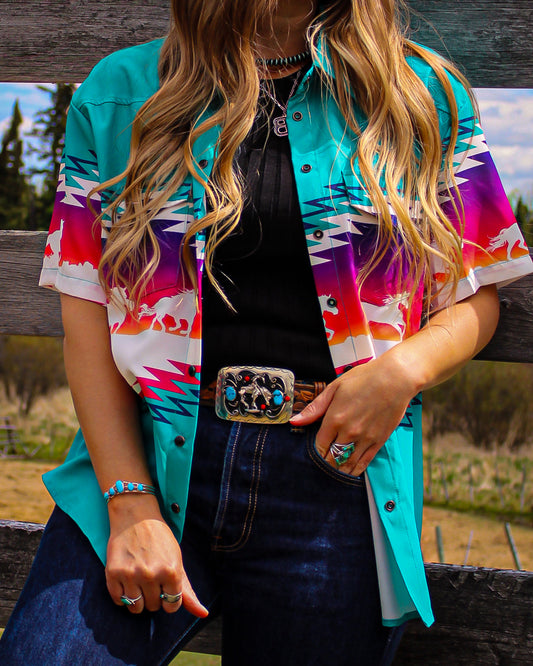 Teal Western Horse Button Down Top - Imperfectly Perfect Boutique 