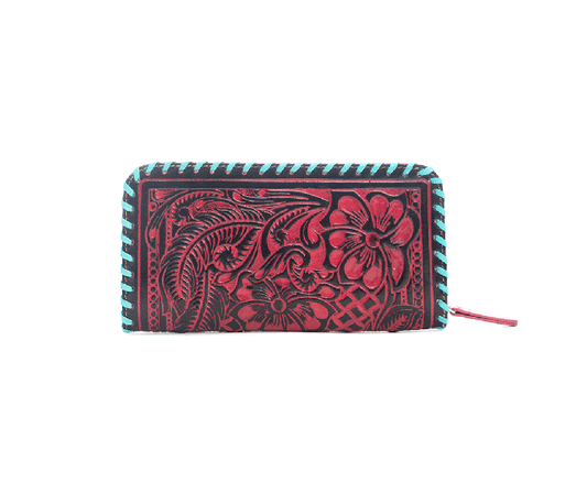 Red Tooled Floral Zipper Wallet