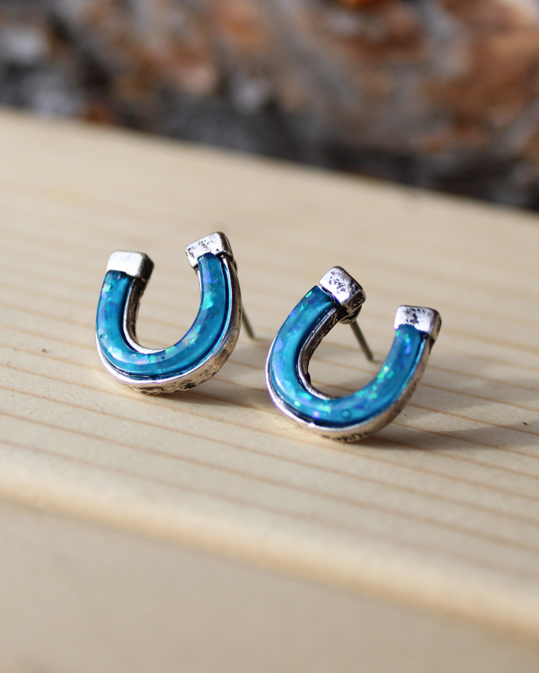 Horseshoe Stud Earrings - Blue