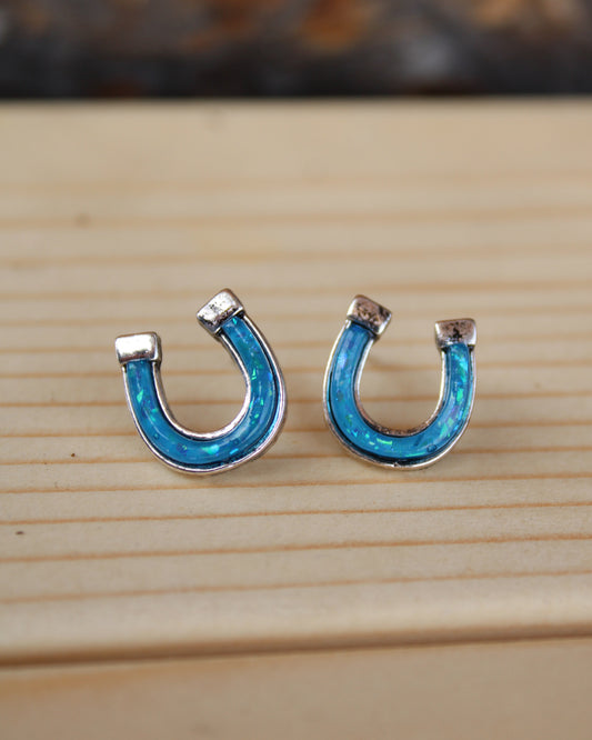 Horseshoe Stud Earrings - Blue