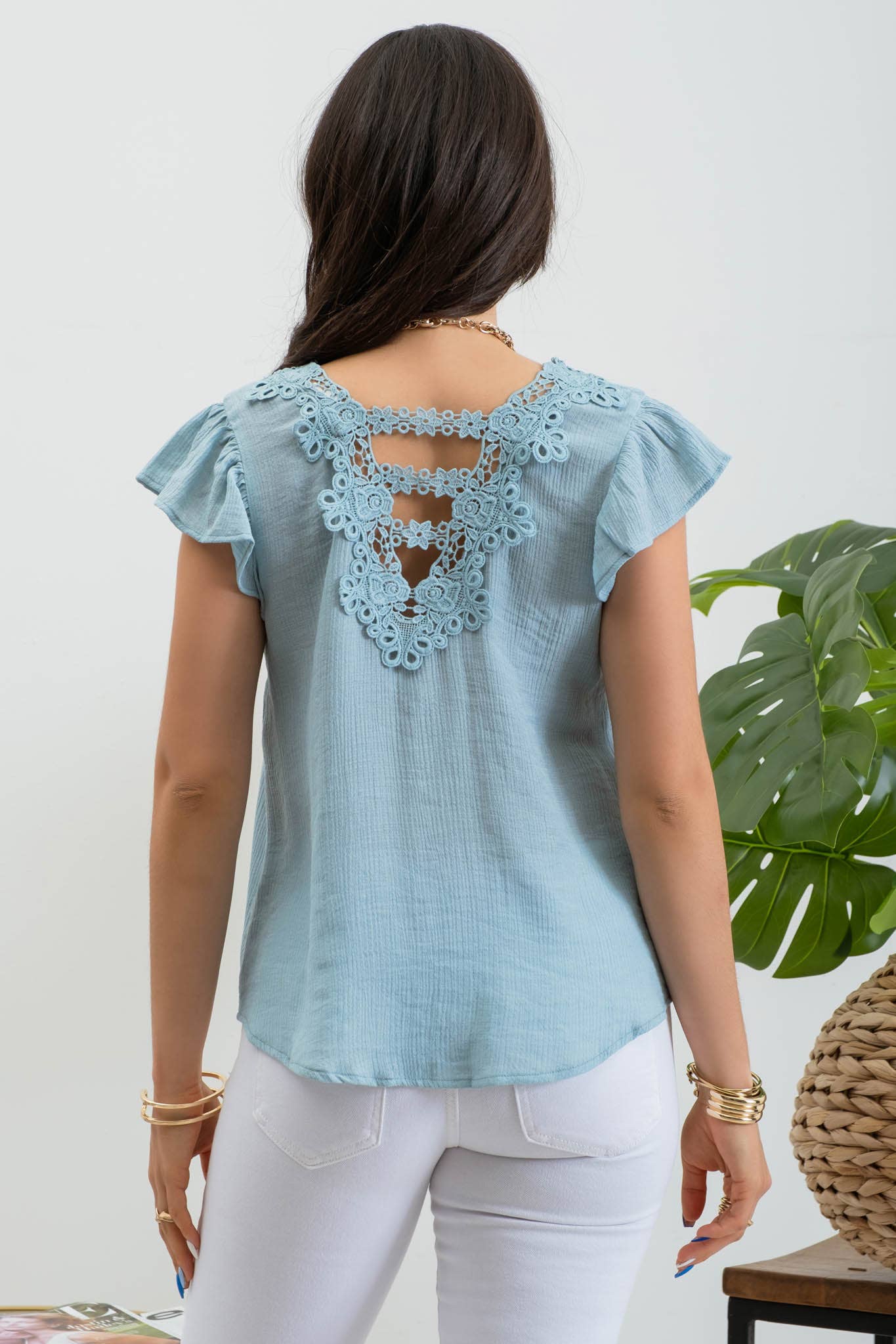 V NECK EYELET LACE BACK SHORT SLEEVE BLOUSE - Imperfectly Perfect Boutique