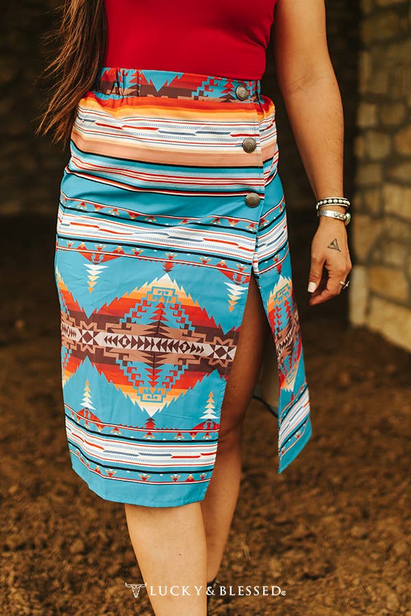 Aztec Concho Button Slit Midi Skirt - Imperfectly Perfect Boutique 
